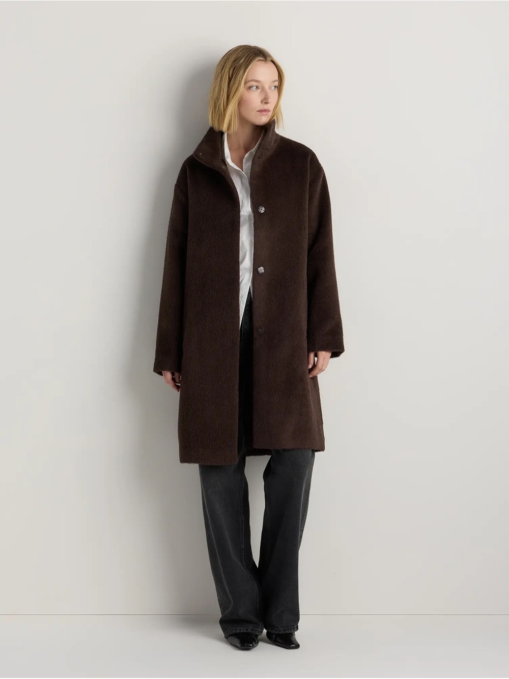 Quince NEW Alpaca Wool Stand Collar Coat Coffee Bean Brown Size S Small